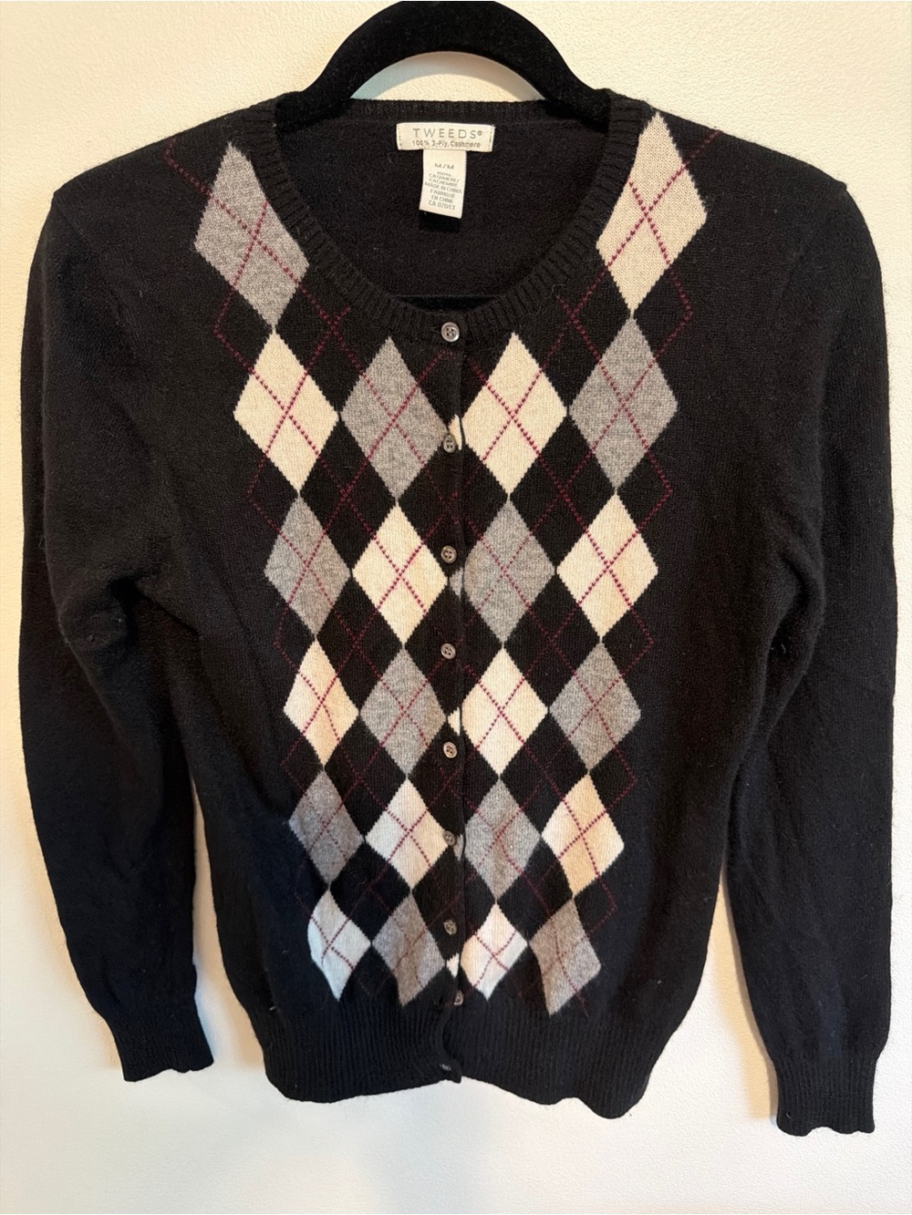 Tweeds Black Argyle Button-Front Cardigan with Gray and Cream Diamonds